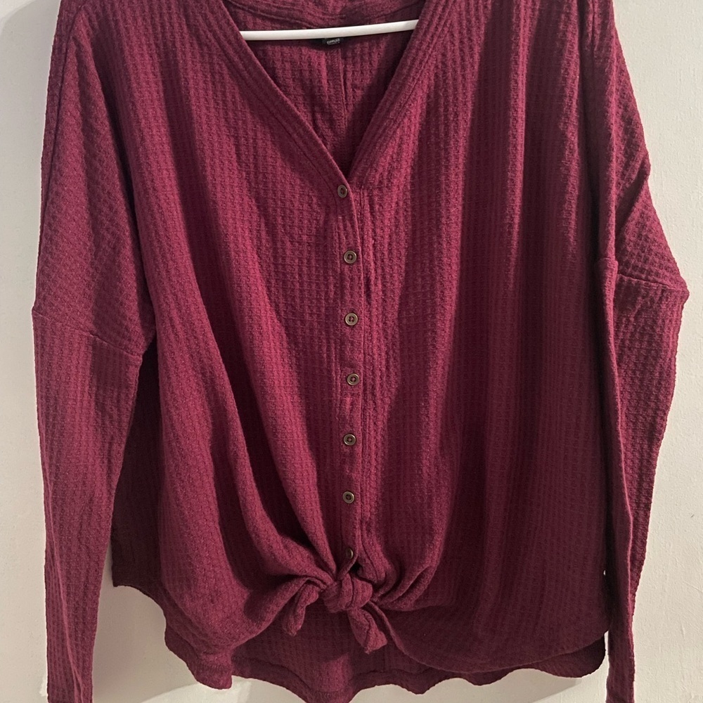 Women's Oversized Burgundy Front-knot Button-Up Top in size medium